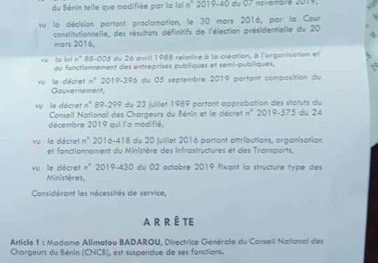 CNCB : La DG Alimatou Badarou suspendue