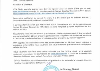 MTN BÉNIN : Stephen Blewett ne sera remplacé qu’après expiration de son contrat en 2021, selon la direction de MTN Bénin.