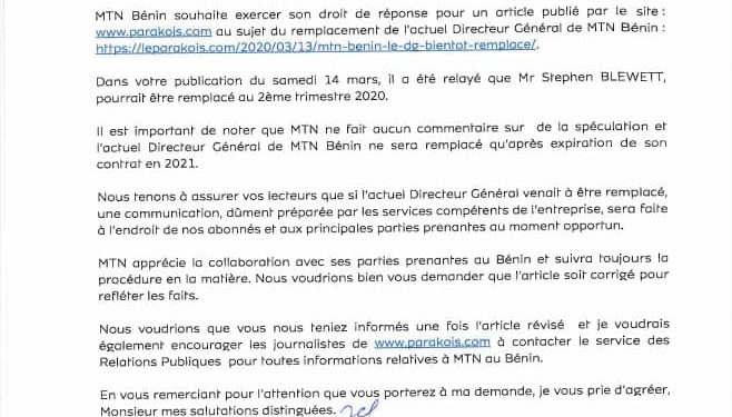 MTN BÉNIN : Stephen Blewett ne sera remplacé qu’après expiration de son contrat en 2021, selon la direction de MTN Bénin.