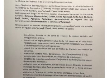 BÉNIN/GESTION DU CORONAVIRUS : Le Cordon sanitaire élargi et prorogé.