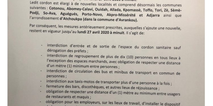 BÉNIN/GESTION DU CORONAVIRUS : Le Cordon sanitaire élargi et prorogé.