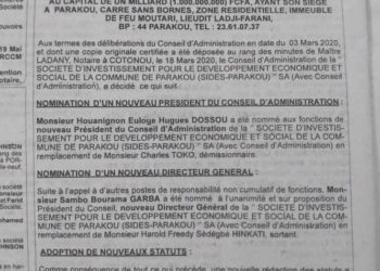 AFFAIRE SIDES-PARAKOU : la preuve de la démission du maire Charles TOKO