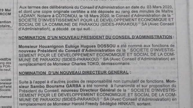 AFFAIRE SIDES-PARAKOU : la preuve de la démission du maire Charles TOKO