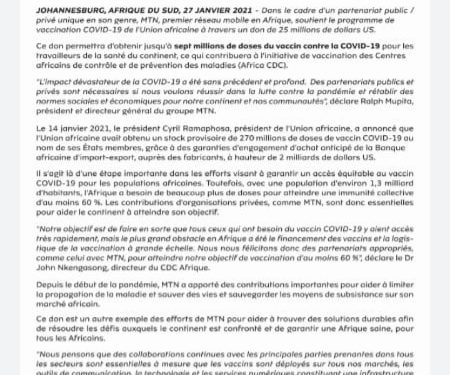 Vaccination Covid-19: Le réseau MTN appuie l’Union Africaine.